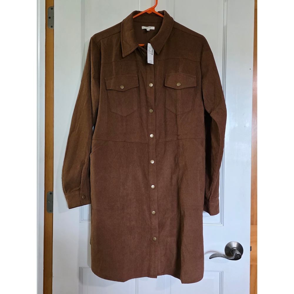 Maurices Women XL Brown Corduroy Snap Front Long Sleeve Shirt Dress NWT